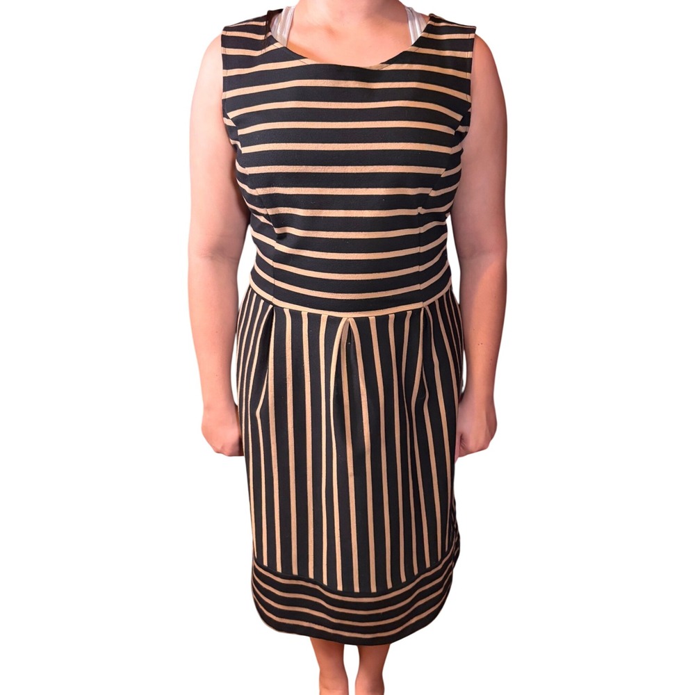 Merona Striped Midi Dress Womens Large Black Tan Good Sleeveless Pockets